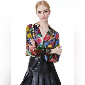 NWT Alice + Olivia Randa Tied Blouson-Sleeve Button-Front Blouse